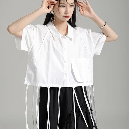 Load image into Gallery viewer, Patchwork tassel shirts for women lapel short sleeve spliced button casual solid blouse female fashion clothing
