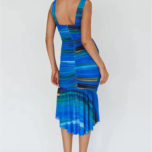 Load image into Gallery viewer, Striped Backless Ruched Midi Dress Women Two Layer Mesh Spaghetti Strap Sleeveless Bodycon Sexy Print Fishtail Dress
