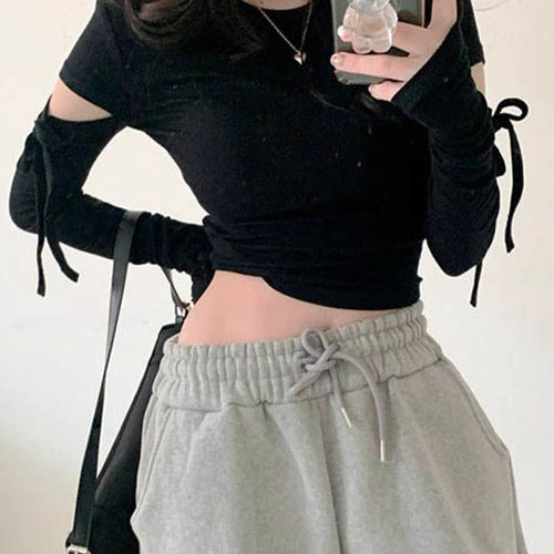 Load image into Gallery viewer, Women Bandage Harajuku Solid T Shirts Female Long Sleeve Tees  2025 Autumn T-shirt Streetwear Y2k All Match Hollow Out Tops
