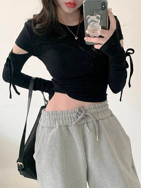 Women Bandage Harajuku Solid T Shirts Female Long Sleeve Tees  2025 Autumn T-shirt Streetwear Y2k All Match Hollow Out Tops