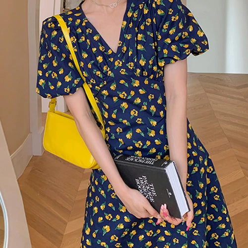 Load image into Gallery viewer, French Style Vintage V-neck Chic Floral Dress Summer Office Ladies Puff Sleeve Slim High Waist Chiffon Women&#39;s Dresses
