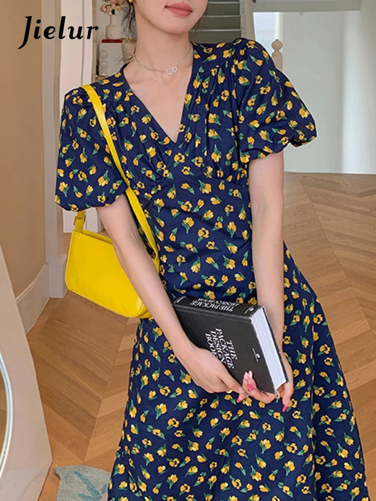 French Style Vintage V-neck Chic Floral Dress Summer Office Ladies Puff Sleeve Slim High Waist Chiffon Women's Dresses