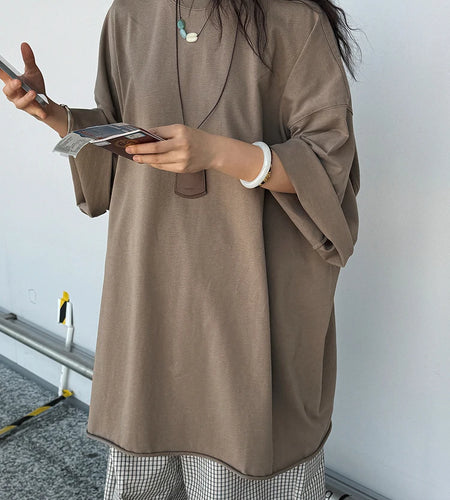 Women White Brief Big Size Casual T-shirt New Round Neck Three-quarter Sleeve Fashion Tide Spring Autumn 2025 1DJ1407