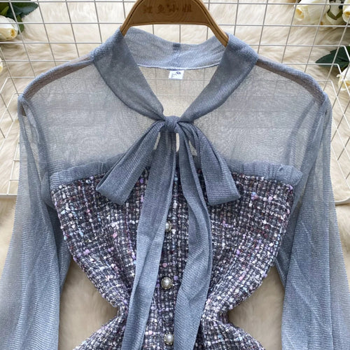 Load image into Gallery viewer, Autumn 2024 New Black Mesh Patchwork Plaid Elegant Long Sleeve Slim Bow Dress Women Gray Temperament Single Breasted Midi Dress
