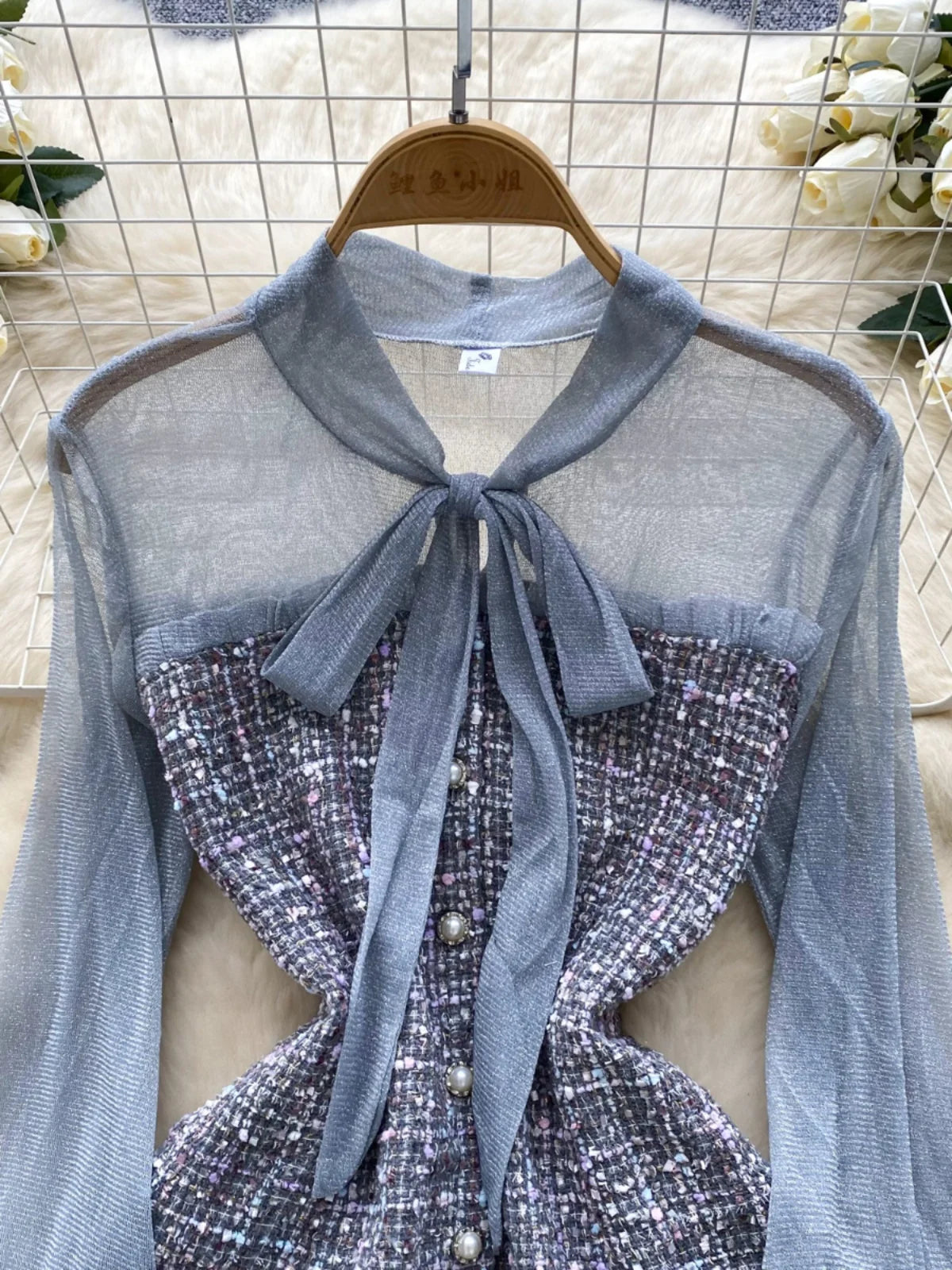 Autumn 2024 New Black Mesh Patchwork Plaid Elegant Long Sleeve Slim Bow Dress Women Gray Temperament Single Breasted Midi Dress