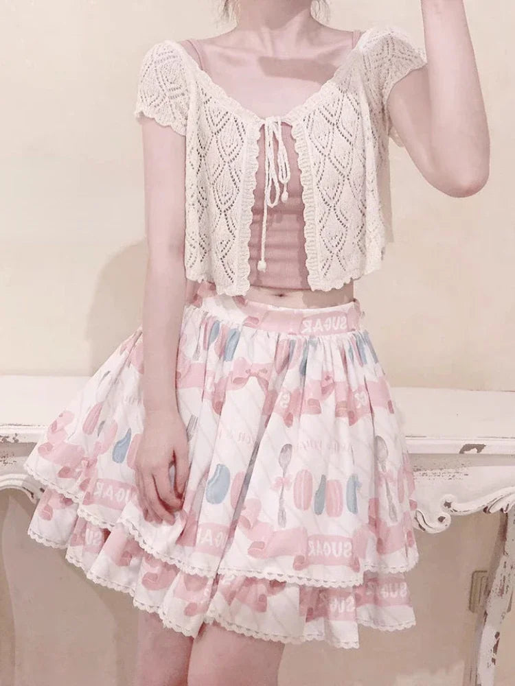 Lolita V-Neck Short Women Thin Cardigan  Sleeve Crop Top Hollow Korean Style Sun Protection Tops Summer Blusas