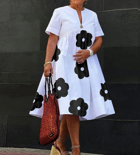 Flower Print Midi Dresses Woman Summer Loose V-neck Short Sleeves Appliques A Line Elegant Birthday Party Dresses 2025