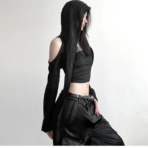 Load image into Gallery viewer, 2025 Long Sleeve Hooded T-shirts Off Shoulder Sexy Harajuku Tshirts Women Y2k Aesthetic Grunge Streetwear Crop Top Thin Cardigan
