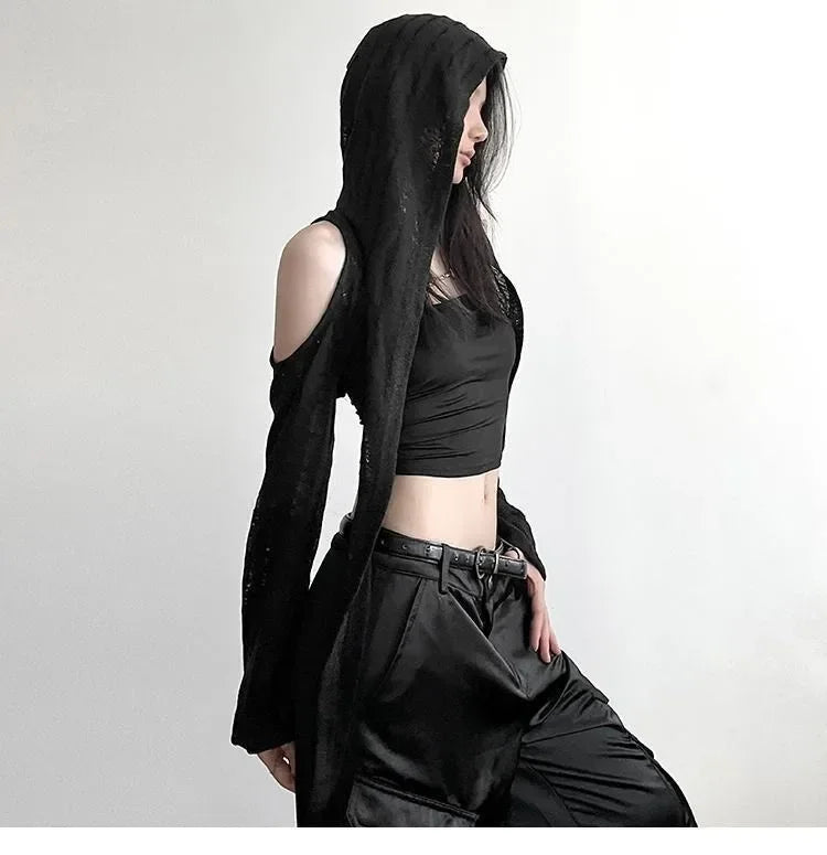 2025 Long Sleeve Hooded T-shirts Off Shoulder Sexy Harajuku Tshirts Women Y2k Aesthetic Grunge Streetwear Crop Top Thin Cardigan
