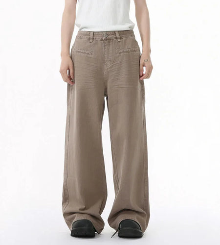 Men's Jeans Personality Pocket Reverse Wear Fold Design Solid Color Straight Wide Leg Denim Pants New Stylish 9W1589