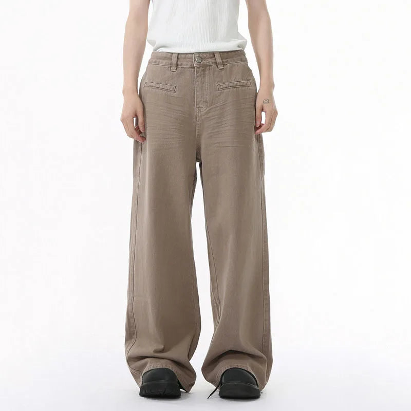 Men's Jeans Personality Pocket Reverse Wear Fold Design Solid Color Straight Wide Leg Denim Pants New Stylish 9W1589