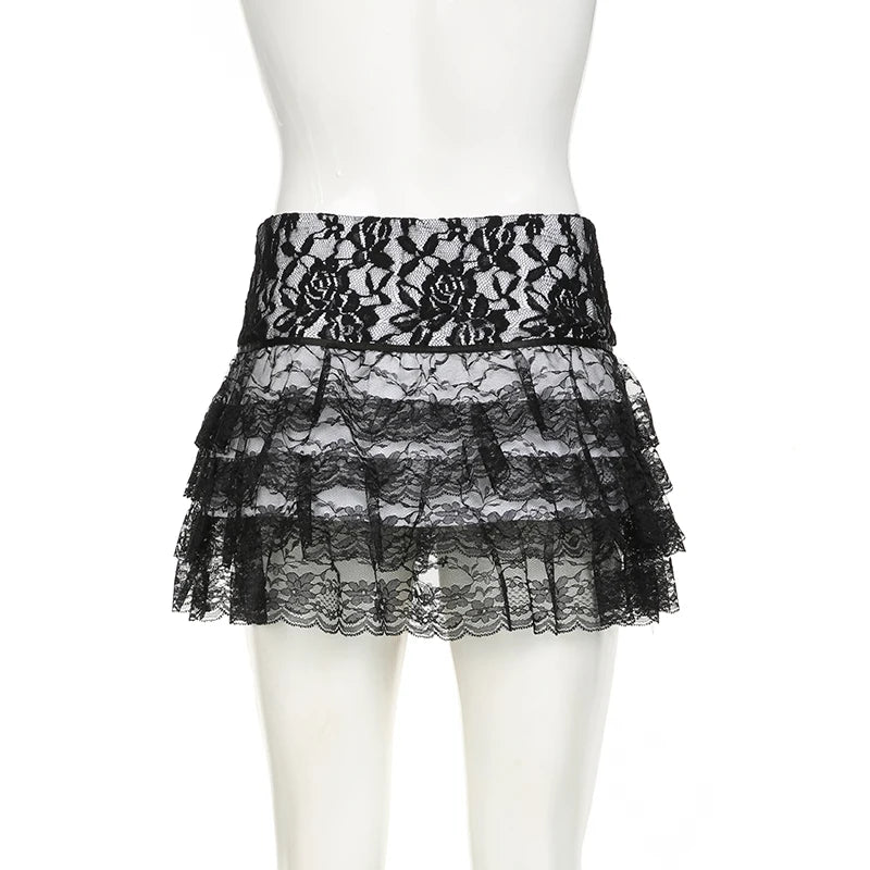 Fashion Y2K Gothic Dark Lace Skirt Mini Tierred Vintage See Through Sexy Summer Skirt Women A-Line Three-Layer Bottom