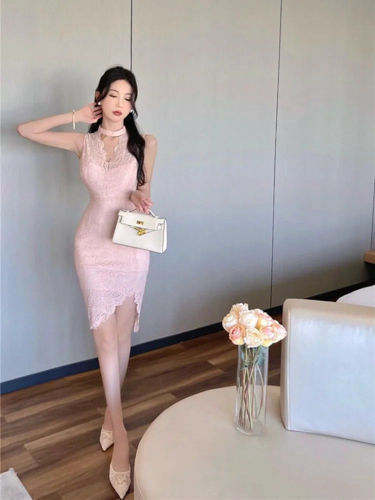 Sexy Lace Pink Mini Dress Summer Bodycon Wrap Slin Sheath Short Dreses Evening Party Offcie Ladies