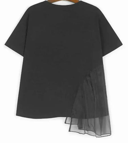 Women Black Mesh Ruffles Color-block Big Size T-shirt New Round Neck Short Sleeve Fashion Tide Spring Summer 2025 1DJ0091