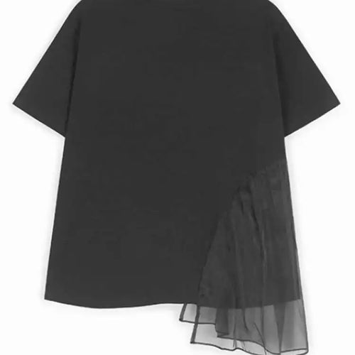 Load image into Gallery viewer, Women Black Mesh Ruffles Color-block Big Size T-shirt New Round Neck Short Sleeve Fashion Tide Spring Summer 2025 1DJ0091
