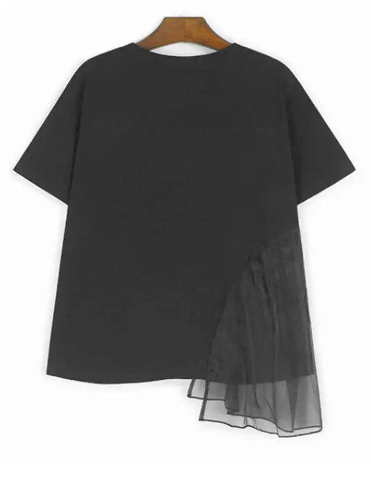 Women Black Mesh Ruffles Color-block Big Size T-shirt New Round Neck Short Sleeve Fashion Tide Spring Summer 2025 1DJ0091