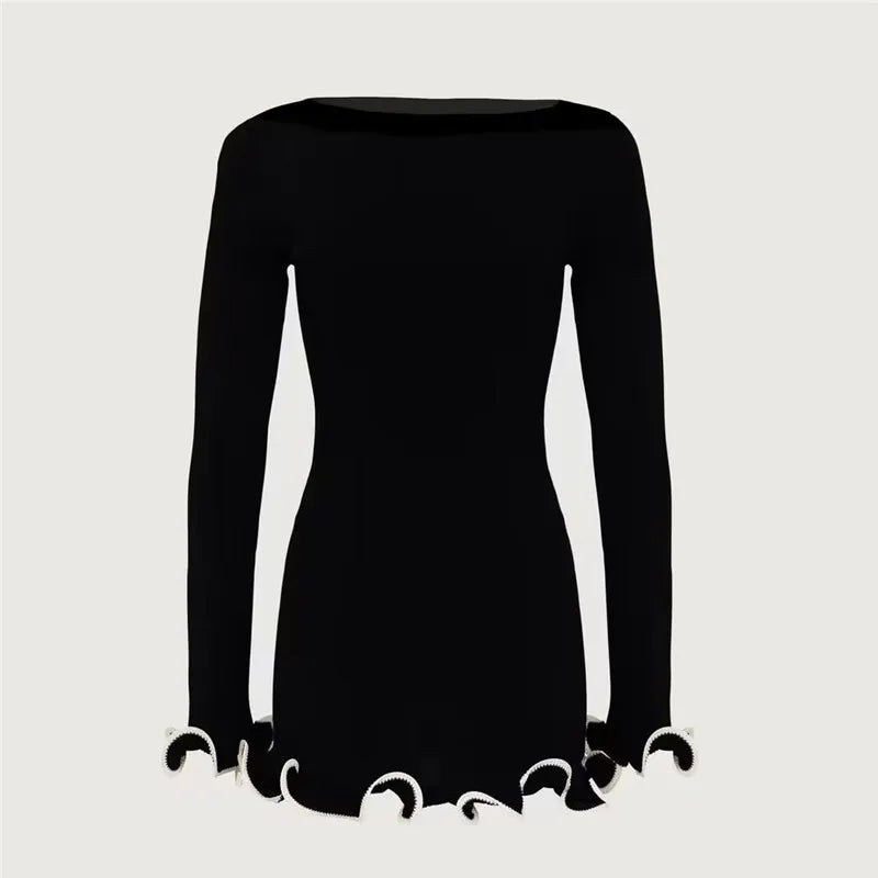 Long Sleeve Knit Mini Dress For Women Pullovers Sweater Dress Autumn Winter New Contrast Color O Neck Ruffled Dress