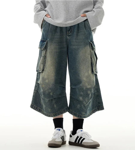 Men's Short Jeans American Summer Workwear Cowboy Shorts Wrinkle Design Cropped Trousers Loose Pants Streetwear 9W1475