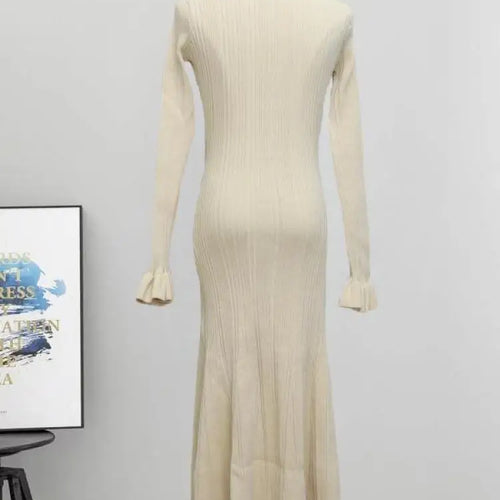 Load image into Gallery viewer, Autumn Winter Black V Neck Single Breasted Knitted Dress For Women French 2024 New Beige Elegant Long Sleeve Fishtail Dress Chic
