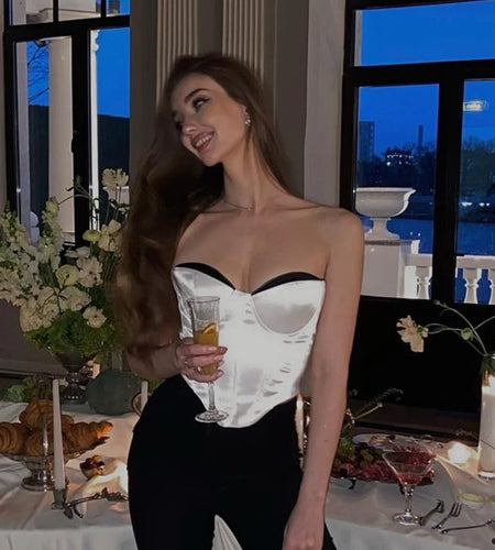 Thick Satin Bustier Corset Crop Top with Chest Pads Spaghetti Strap White Bodycon Top Summer Women Tops with Fishbone