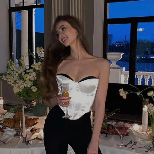 Load image into Gallery viewer, Thick Satin Bustier Corset Crop Top with Chest Pads Spaghetti Strap White Bodycon Top Summer Women Tops with Fishbone
