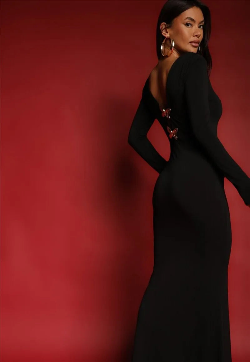 Two Butterfly Long Sleeve Sexy Maxi Dress For Women Gown Fashion Hollow Out V Neck Backless Bodycon Club Long Dress