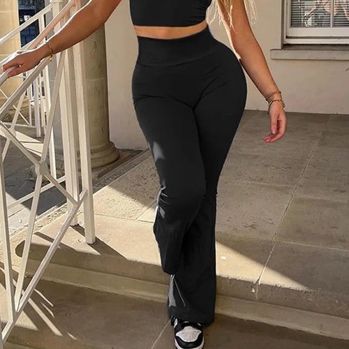 Load image into Gallery viewer, Casual Folds Black Skinny Gym Women Pants Streetwear Basic Flared Trousers High Waist Yoga Sweatpants Elastic Bottoms
