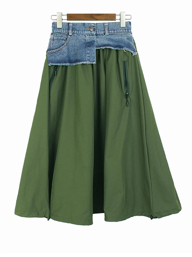 High Elastic Waist Apricot Denim Color-block A-line Half-body Skirt Women Fashion Tide New Spring Autumn 2025 1DF8673