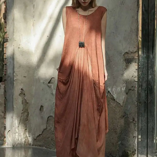 Load image into Gallery viewer, Women Orange Pleated Vintage Casual Dress New Round Neck Sleeveless Loose Fit Fashion Tide Spring Summer 2025 1DF6825
