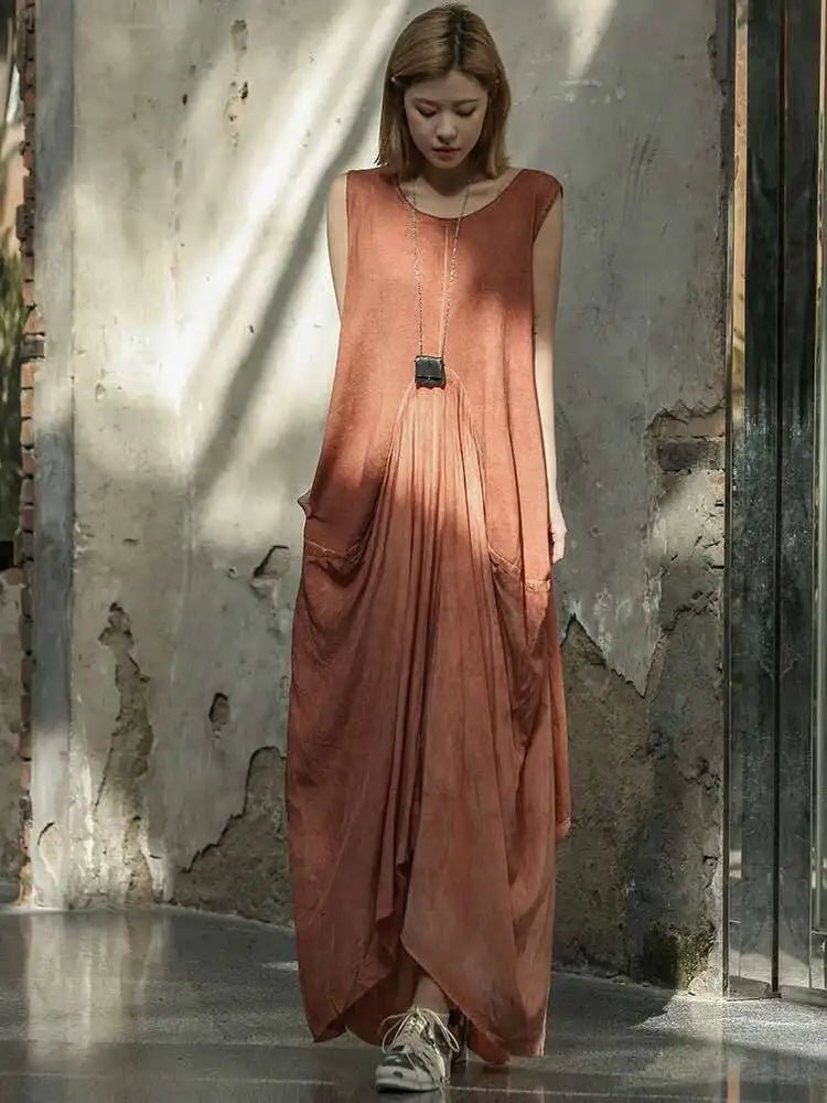 Women Orange Pleated Vintage Casual Dress New Round Neck Sleeveless Loose Fit Fashion Tide Spring Summer 2025 1DF6825
