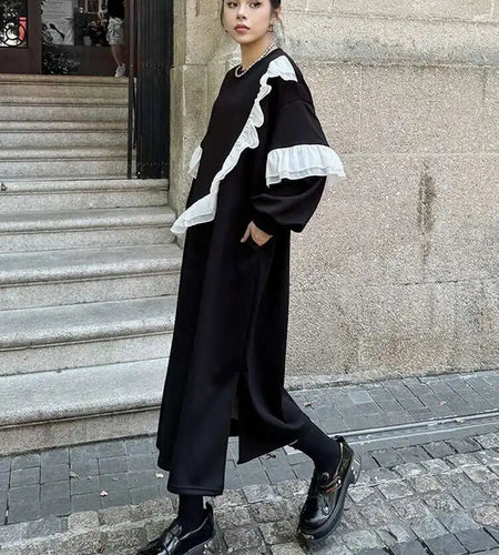 Women Black Ruffles Spliced Big Size Long Casual Dress New Round Neck Long Sleeve Fashion Tide Spring Autumn 2025 1DH7701