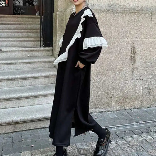 Load image into Gallery viewer, Women Black Ruffles Spliced Big Size Long Casual Dress New Round Neck Long Sleeve Fashion Tide Spring Autumn 2025 1DH7701
