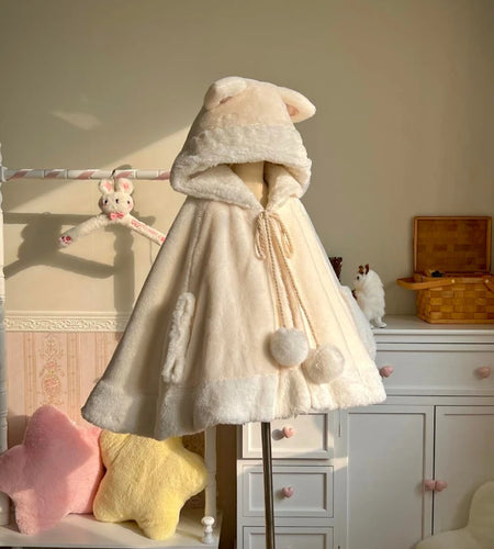 Winter Japanese Sweet Girly Lolita Cloak Coat Y2k Aesthetic Kawaii Bandage Outwear Vintage Casual Loose Cute Ears Hooded Jackets