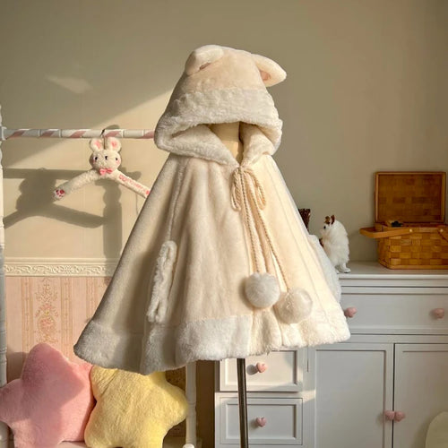 Load image into Gallery viewer, Winter Japanese Sweet Girly Lolita Cloak Coat Y2k Aesthetic Kawaii Bandage Outwear Vintage Casual Loose Cute Ears Hooded Jackets
