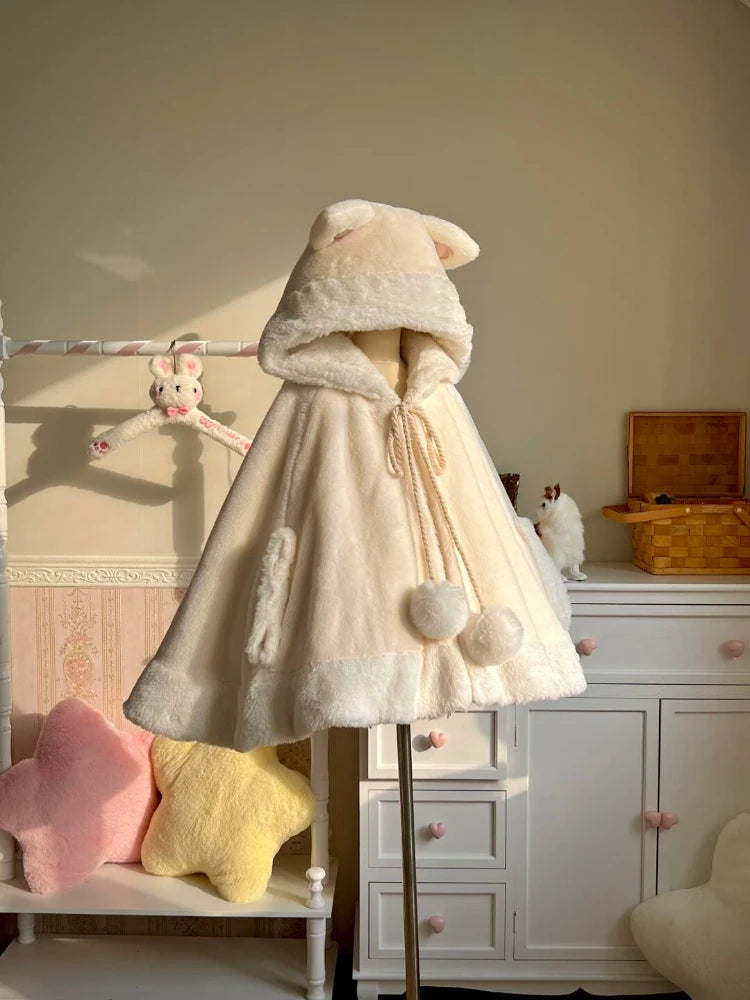 Winter Japanese Sweet Girly Lolita Cloak Coat Y2k Aesthetic Kawaii Bandage Outwear Vintage Casual Loose Cute Ears Hooded Jackets