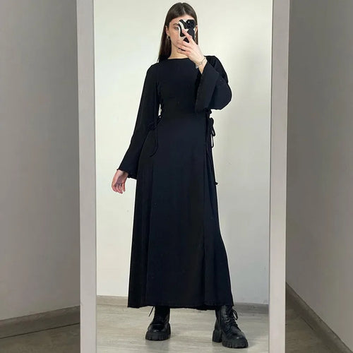 Load image into Gallery viewer, Ribbed Bandage Sexy Maxi Dress For Women Solid Lace-up O Neck Long Sleeve High Waist Elegant Long Dress Fashion
