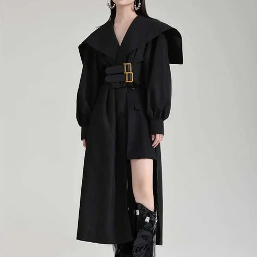 Load image into Gallery viewer, Women Black Irregular Shirt Dress New Lapel Lartern Long Sleeve Belt Waist Loose Fashion Tide Spring Autumn 2025 1DH2257
