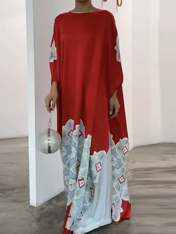 Spring Summer Printed Evening Party Dresses Vintage Elegant Long Sleeves Loose Muslim Robe Dress for Women