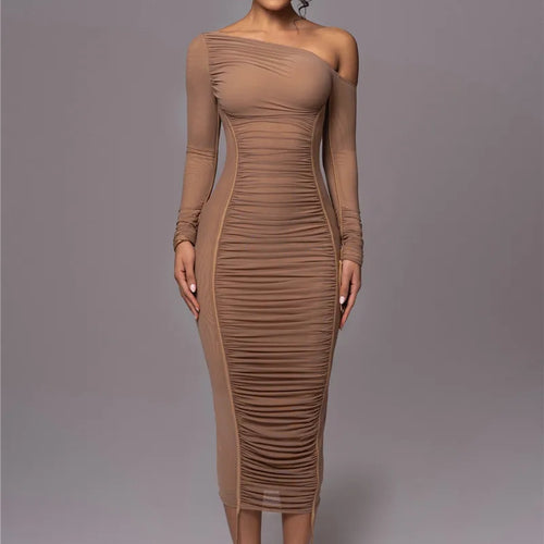 Load image into Gallery viewer, Diagonal Collar Long Sleeve Midi Dress For Women Two Layer Mesh Backless Ruched Bodycon Club Party Sexy Long Dress
