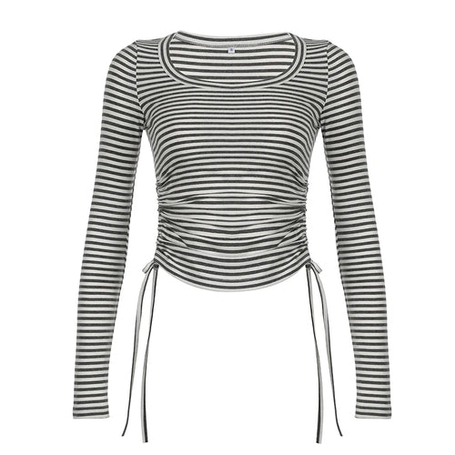 Load image into Gallery viewer, Harajuku Bodycon Stripe T-shirts Female Side Drawstring Crop Tops Korean Fashion Basic Spring Autumn Tee Shirt Kawaii
