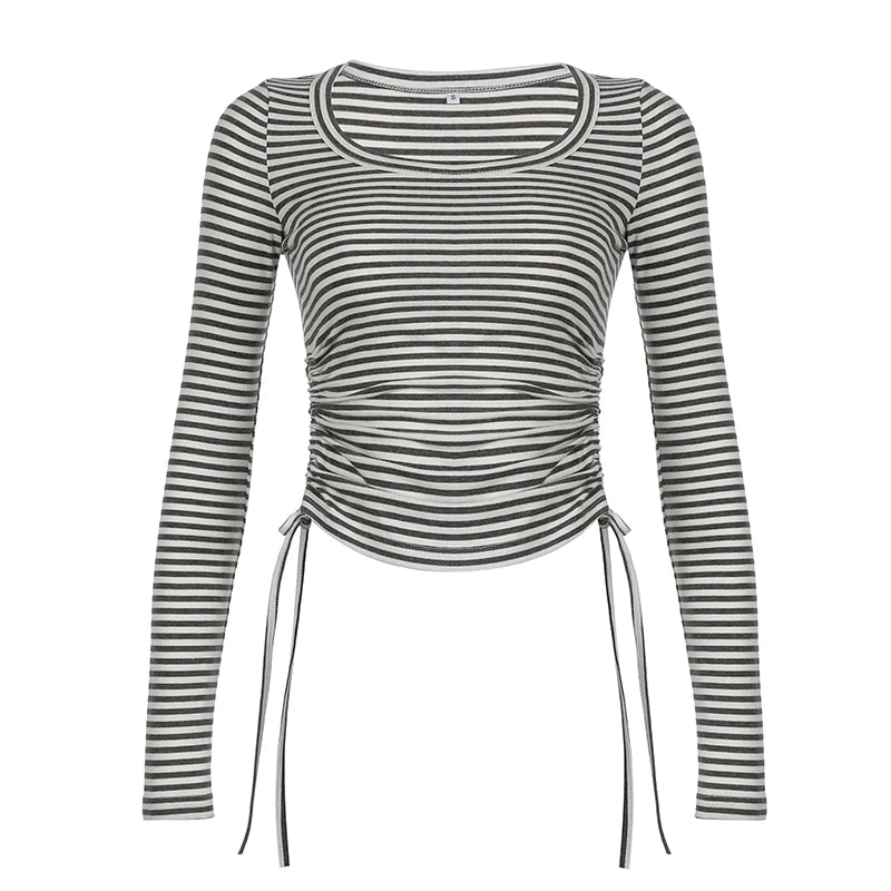 Harajuku Bodycon Stripe T-shirts Female Side Drawstring Crop Tops Korean Fashion Basic Spring Autumn Tee Shirt Kawaii