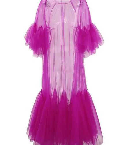 Women Purple Ruffles Mesh Perspective Big Size Long Dress New Round Neck Half Sleeve Fashion Spring Summer 2025 JR7711