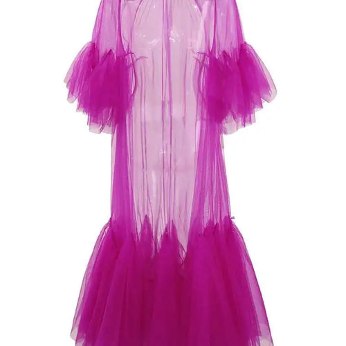 Load image into Gallery viewer, Women Purple Ruffles Mesh Perspective Big Size Long Dress New Round Neck Half Sleeve Fashion Spring Summer 2025 JR7711
