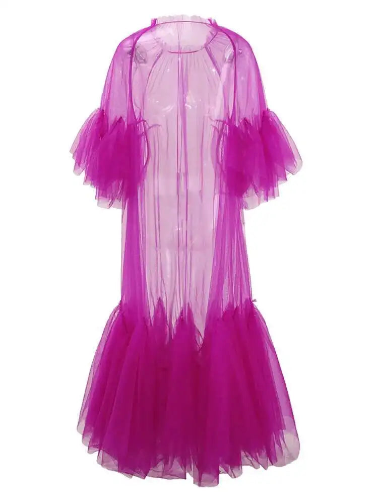 Women Purple Ruffles Mesh Perspective Big Size Long Dress New Round Neck Half Sleeve Fashion Spring Summer 2025 JR7711