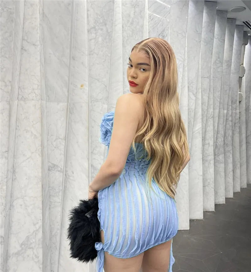 Halter Floral Pleated Sexy Mini Dress For Women Robe Fashion Sleeveless Backless Draped Club Party Dress Elegant