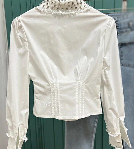 Solid Casual Slimming Shirts For Women Lapel Long Sleeve Spliced Diamonds Temperament Shirt Female Fashion Clothes