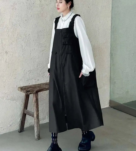 Women Black Pockets Drawstring Big Size Strap Dress New Square Collar Sleeveless Fashion Tide Spring Autumn 2025 1DH9934