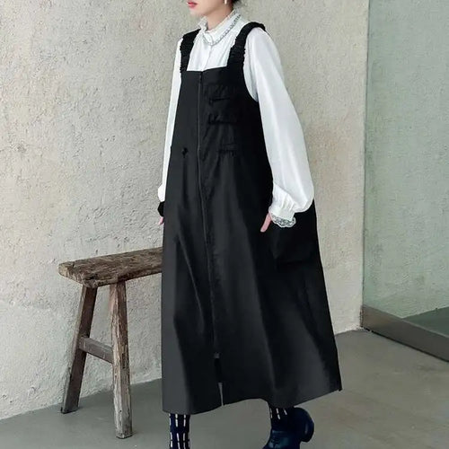 Load image into Gallery viewer, Women Black Pockets Drawstring Big Size Strap Dress New Square Collar Sleeveless Fashion Tide Spring Autumn 2025 1DH9934
