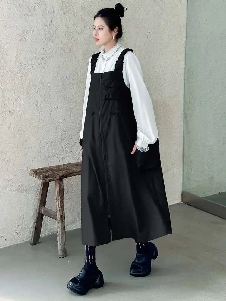 Women Black Pockets Drawstring Big Size Strap Dress New Square Collar Sleeveless Fashion Tide Spring Autumn 2025 1DH9934