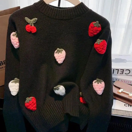 Load image into Gallery viewer, French Vintage Women Sweet Strawberry Embroidered Elegant Long Sleeve Knit Sweater 2024 New Autumn Winter Round Neck Tops Trendy
